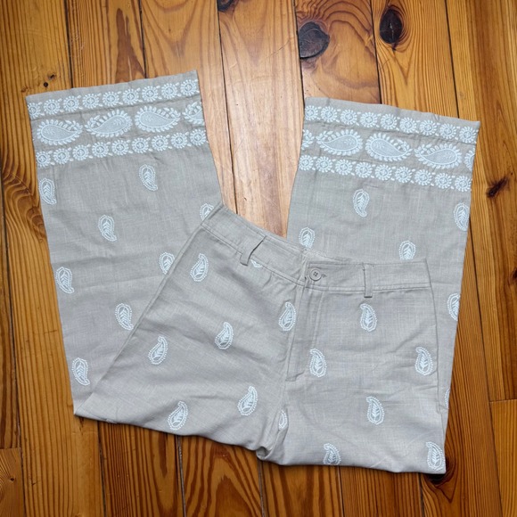 Elie Tahari Pants - NWT Elie Tahari Linen Pants Womens Size 8 Tan Embroidered Paisley Boho Wide Leg